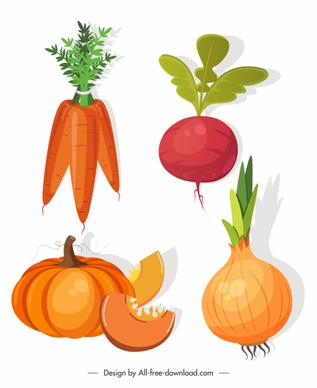 vegetables icons colored carrot beet pumpkin onion sketch