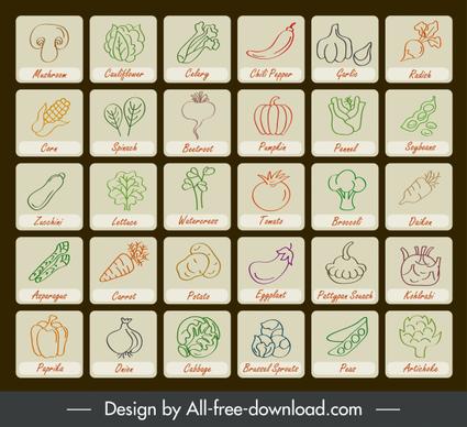 vegetables tags icons collection handdrawn flat sketch