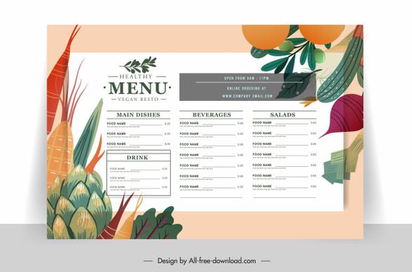 vegetarian menu template colorful classic flat vegetables sketch