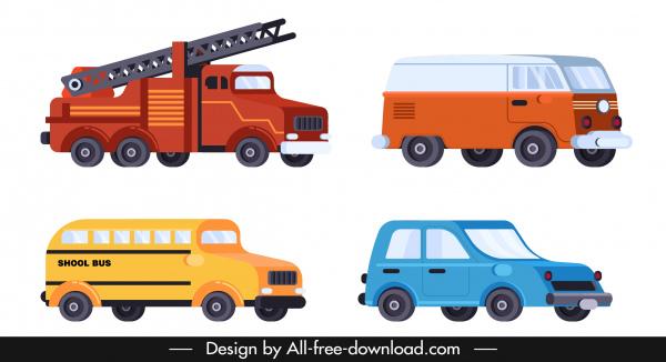 vehicles icons fire truck bus van car sketch