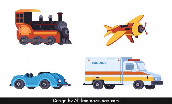 vehicles icons train airplane car ambulance sketch