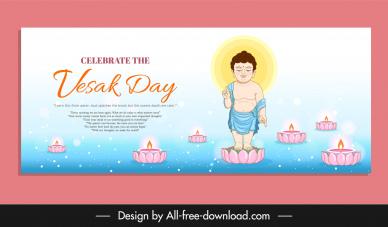 vesak festival celebration banner template cartoon buddha lotus candles 