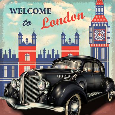 vintage car with travel poster vector set