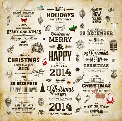 vintage christmas and14 new year with holiday elements vector