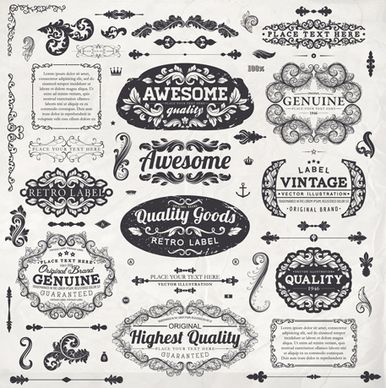 vintage label and ornaments design vector set