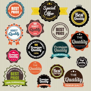 vintage labels with stickers and ribbons vector graphics