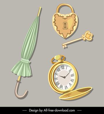 vintage objects icons umbrella watch lock key sketch