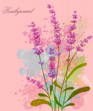 violet flowers on pink water color background