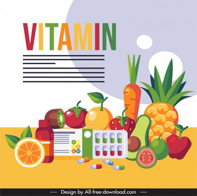 vitamin food banner colorful fruits capsule sketch