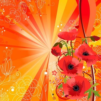 flowers background red design rays ornament