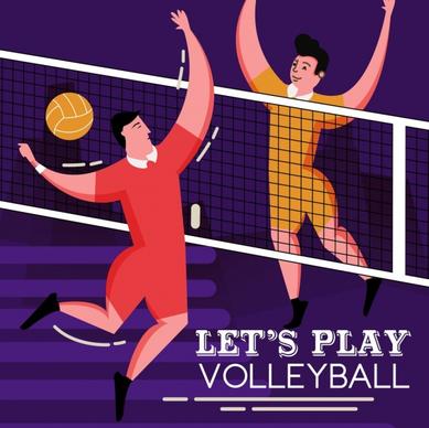 volleyball banner players match icon colored cartoon design