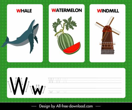 w alphabet teaching template whale watermelon windmill sketch
