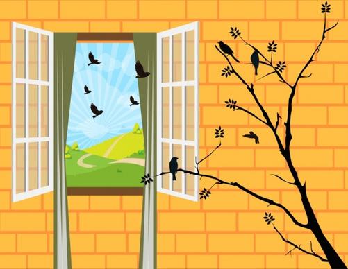 wall decor template 3d window tree birds icons
