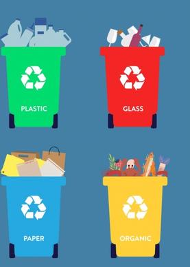 waste classification icons collection multicolored design dustbin icons