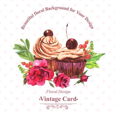 watercolor cupcakes with vintage card vector
