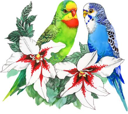 watercolor drawn birds with flowers vector design