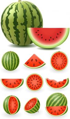 watermelon piece icons collection colored realistic design