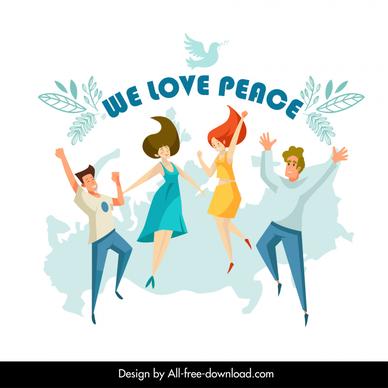 we love peace typography banner template joyful people leaves russia map sketch