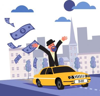 wealth background man car flying money icons