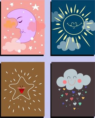 weather background sets moon solar star cloud icons