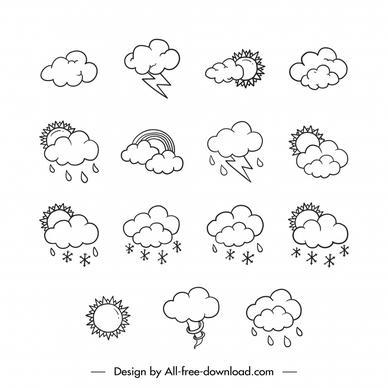 weather icon sets flat black white handdrawn clouds sun snow rain thunder symbols outline
