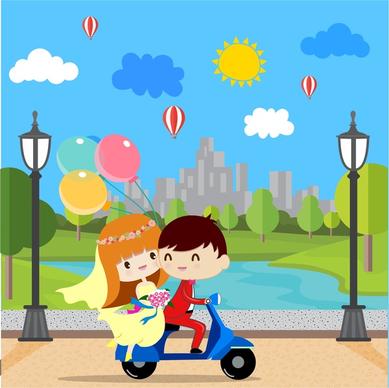 wedding background with groom and bride riding motorcycle