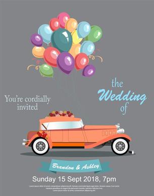 wedding banner design with vintage car and balloons