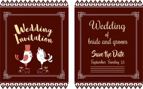 wedding card design classical style with birds couple