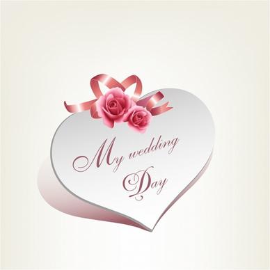 Wedding card heart shape with rose and pink ribbon