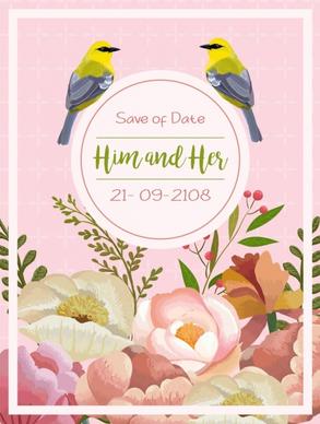 wedding card template multicolored flowers birds icons decor