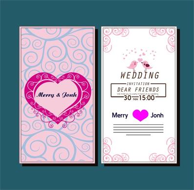 wedding card template with hearts birds curved pattern