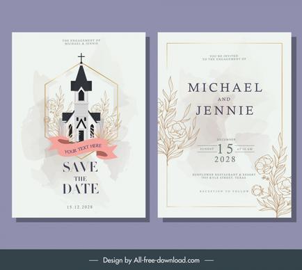 wedding invitation card template elegant classical church ribbon flowers decor