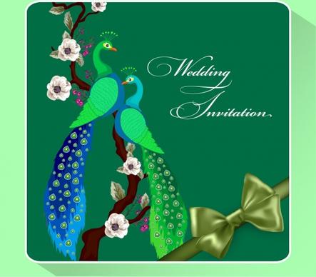 wedding invitation card template green peafowl ribbon ornament