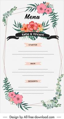 wedding menu template colorful classic botanical decor