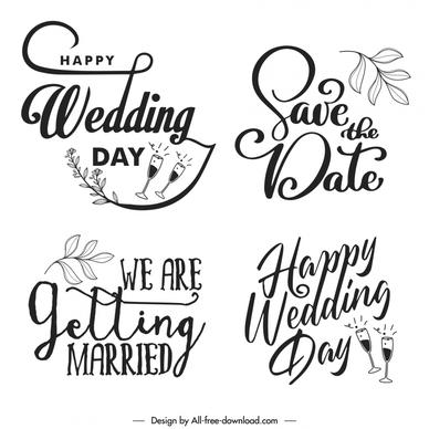 wedding wishes design elements flat black white calligraphic texts leaf wineglasses sketch classic design 