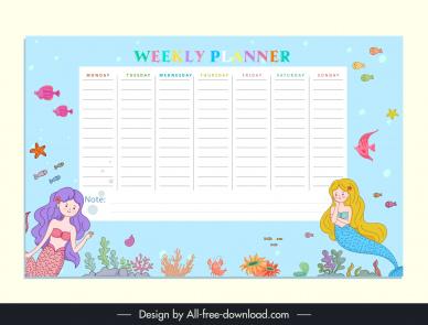 weekly planner  template cute mermaid cartoon