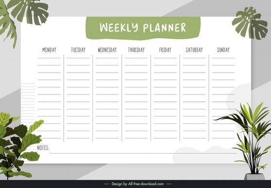 weekly planner template flat classic handdrawn leaves decor