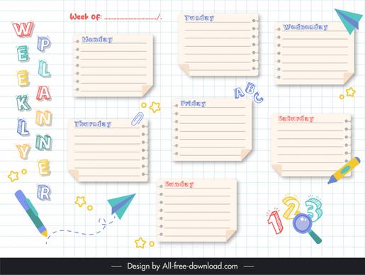 weekly planner template stick notes handdrawn texts education elements sketch