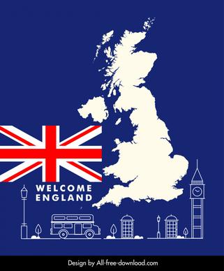 welcome england poster flat map silhouette symbols elements sketch