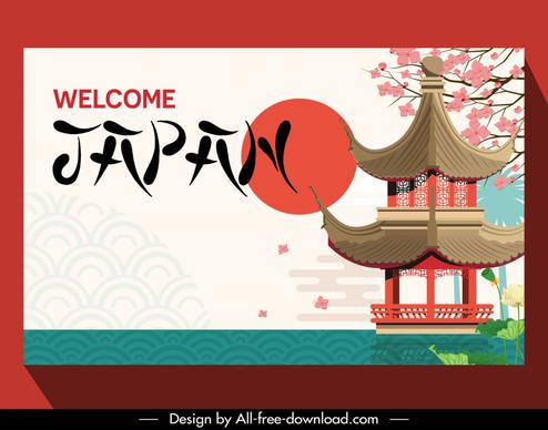 welcome japan poster template castle sun cherry blossom decor elegant design 