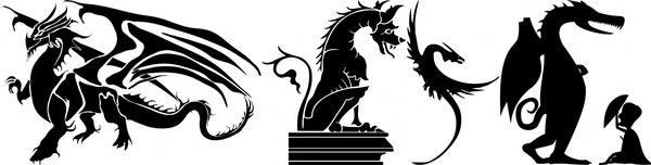 western traditional dragons illustration with silhouettes