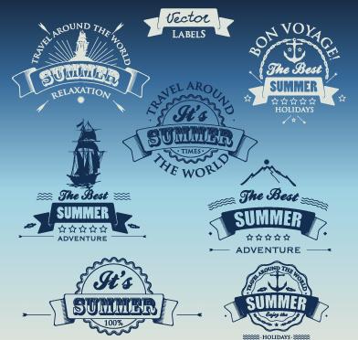 white with dark blue summer travel labels vector