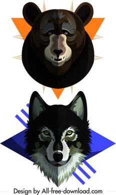 wild animal icons bear wolf heads decor