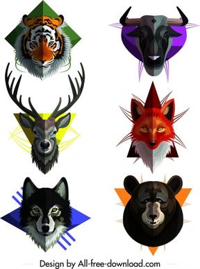 wild animal icons collection colored symmetric heads decor
