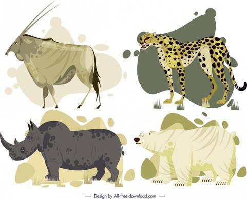 wild animals icons antelope leopard rhino bear sketch