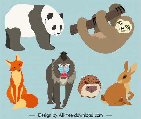 wild animals icons colored cartoon sketch