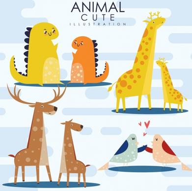 wild animals icons cute dinosaurs giraffes reindeer birds