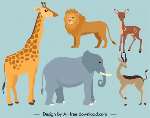 wild animals icons flat cartoon sketch