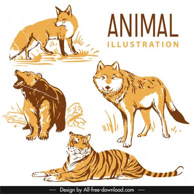 wild animals species icons vintage handdrawn sketch