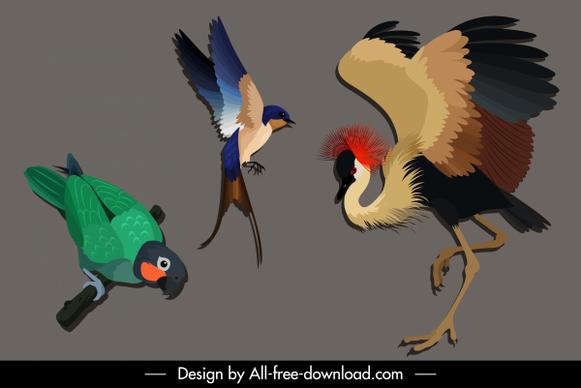 wild birds species icons parrot crane woodpecker sketch